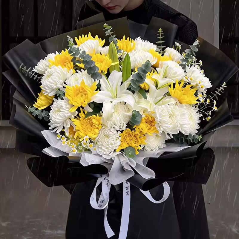 【主图款】5朵百合+33朵白黄菊花混搭 - 1