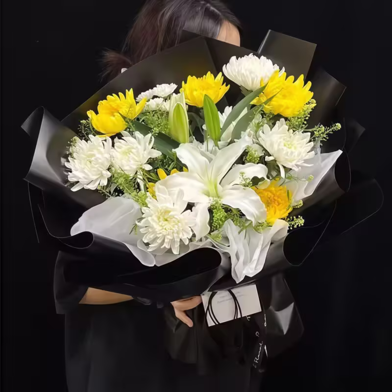 【深深怀念】11朵白黄菊百合花束