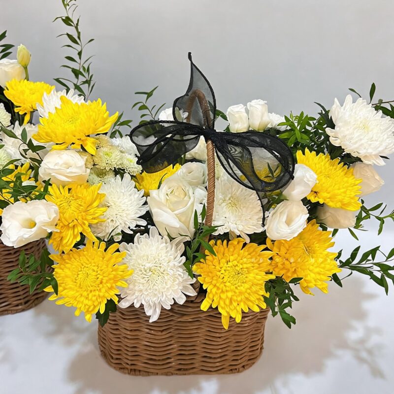 13 Mixed White & Yellow Chrysanthemums Flower Basket - Boundless Love