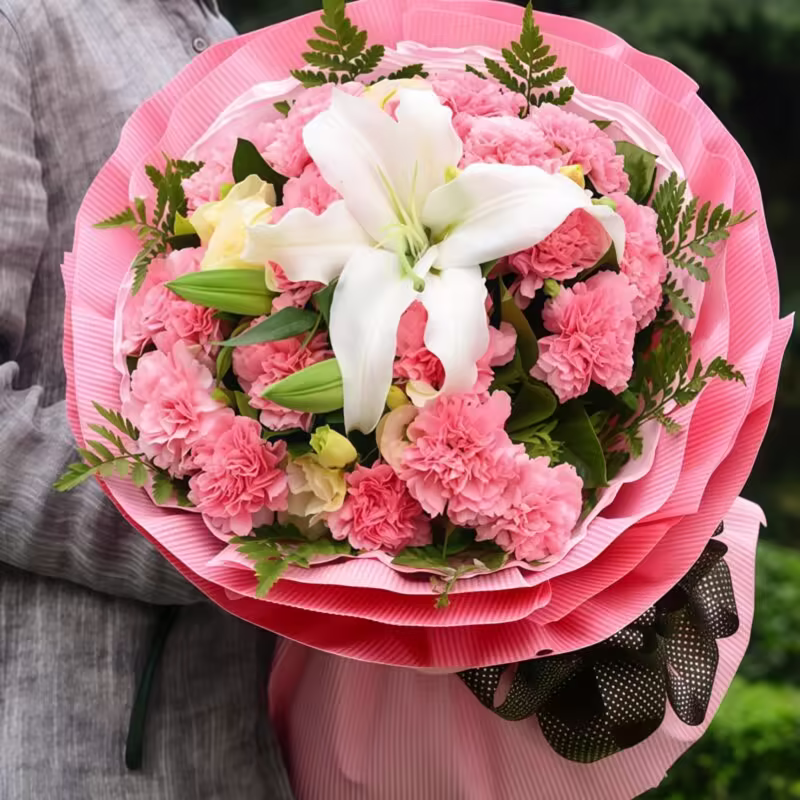 19 Pink Carnations & Lilies Bouquet - Gentle Affection Floral Gift - 1