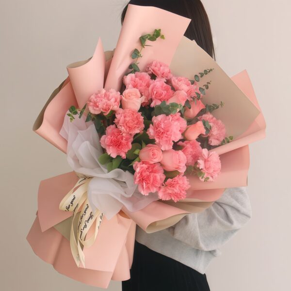 Mazzo di 13 Garofani Rosa e 6 Rose - Fulgida Gioia