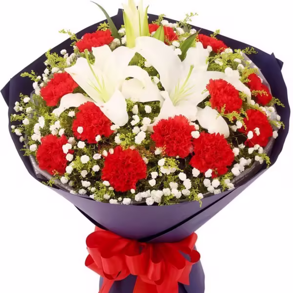 Bouquet di 19 Garofani Rossi e 5 Gigli Bianchi - Eleganza Senza Tempo