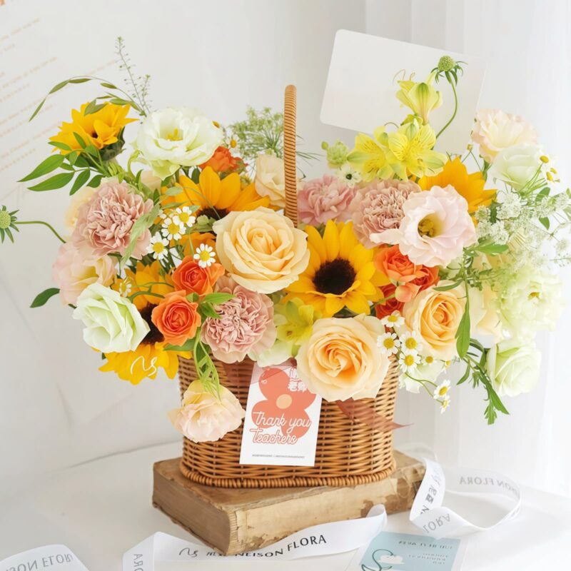 Sunflower and Rose Bouquet in Rattan Basket | Summer Floral Gift - 1