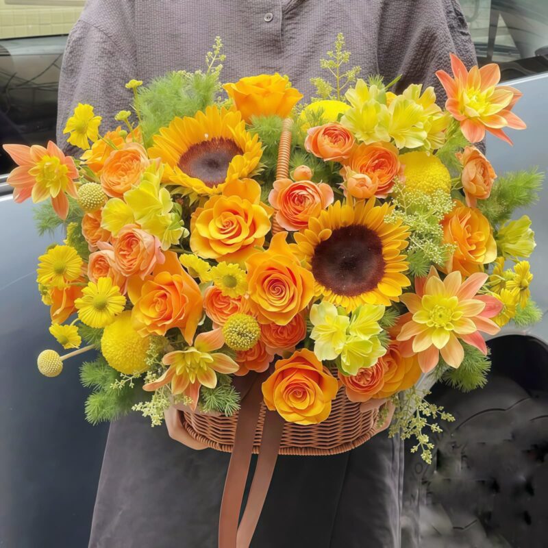 Sunflower and Rose Bouquet in Rattan Basket | Summer Floral Gift - 2