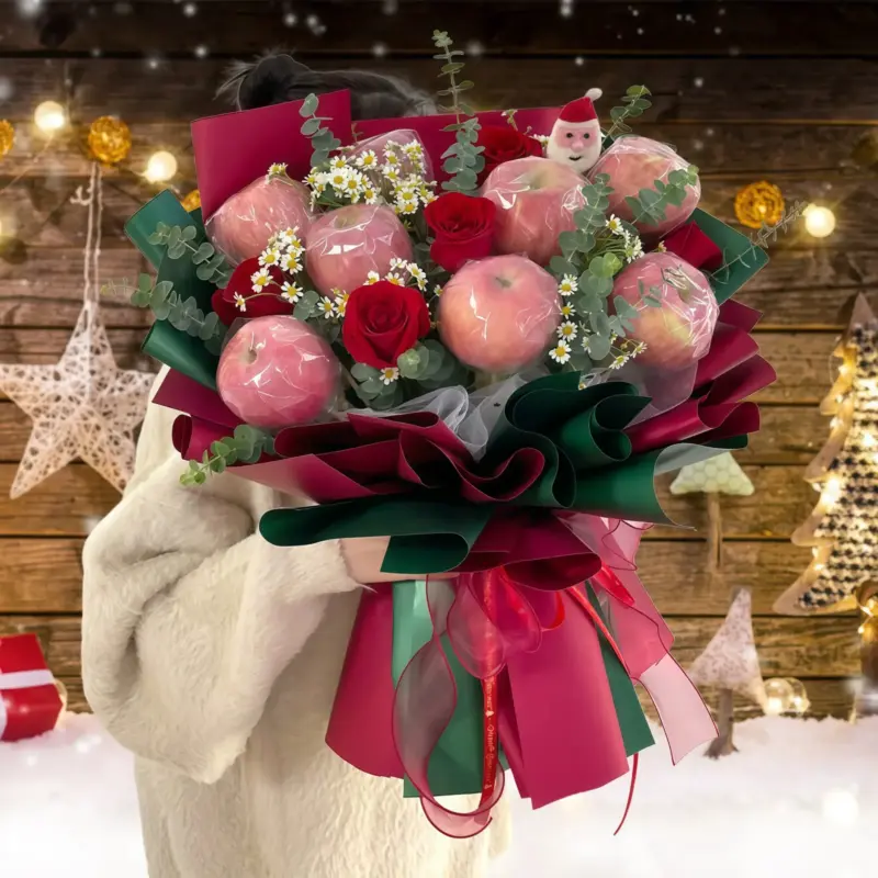 5 Red Roses Bouquet with Fresh Apples - Sweet Bounty Gift