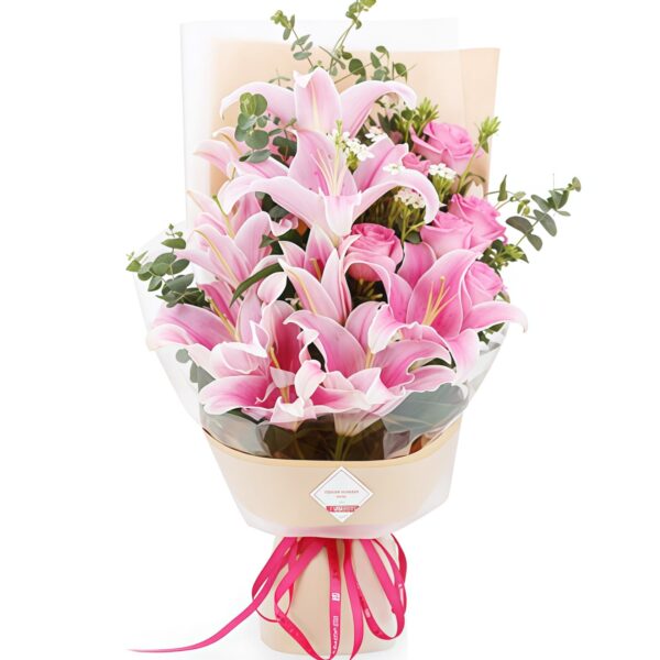 Bouquet "Puro Romanticismo": 6 Gigli Rosa e 6 Rose Rosa