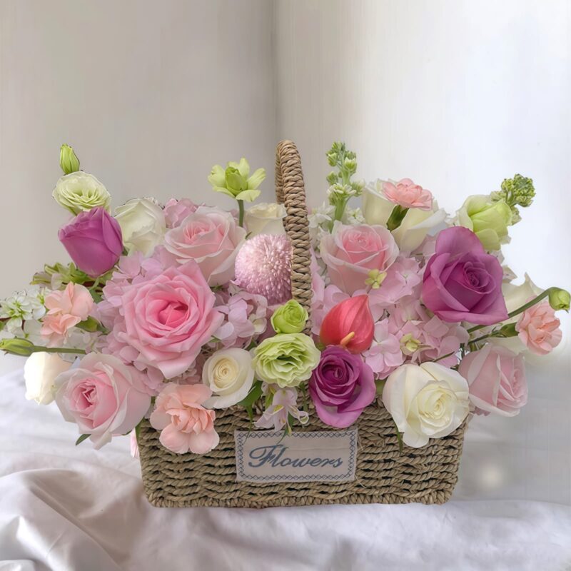 Sweet Harmony: 18 Mixed Roses & Hydrangea Flower Basket