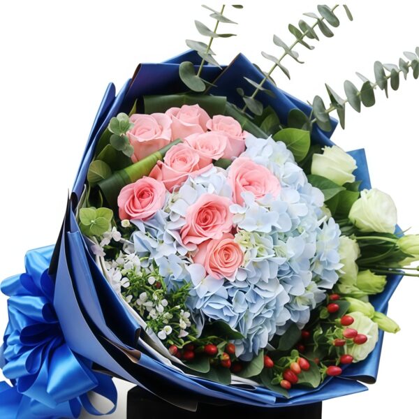 Bouquet di 9 Rose e Ortensia - Eleganza Urbana