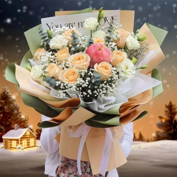 Buquê de 11 Rosas Champagne e Maçã – Elegância e Encanto