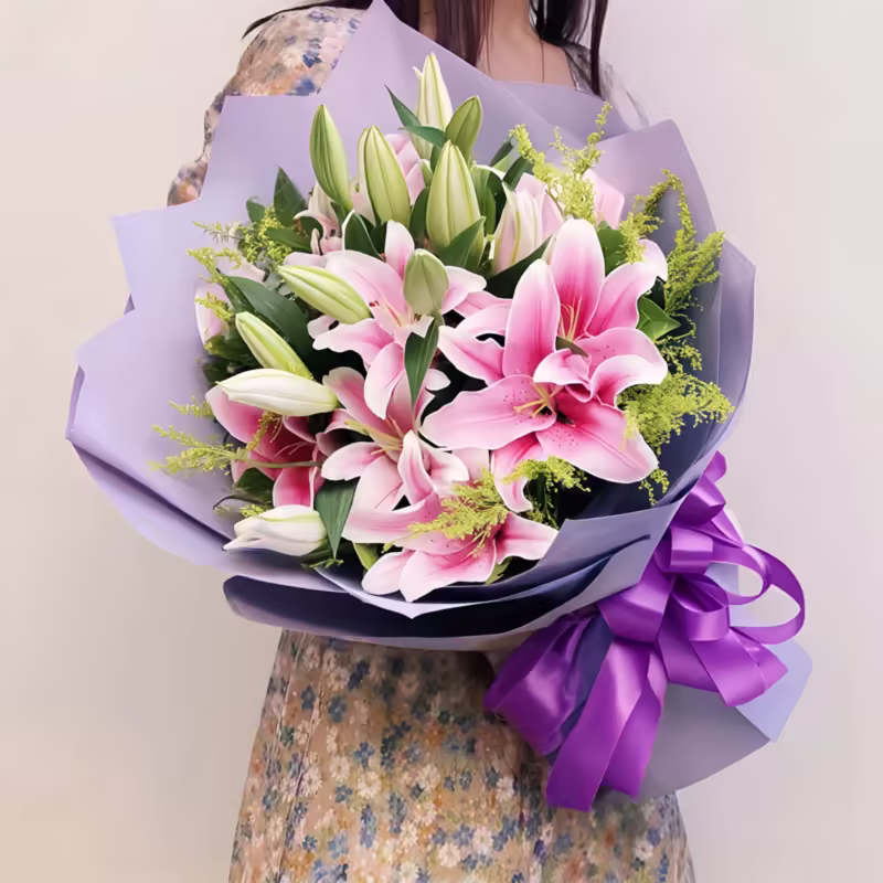 19 Pink Lilies Bouquet - Heartfelt Joy | Fresh Floral Arrangement - 1
