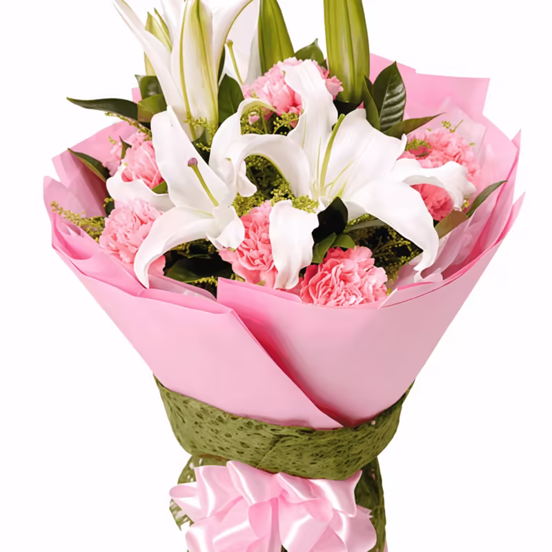 11 Pink Carnations & 2 Lilies Bouquet | Sweet Moments Floral Gift - 1