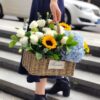 Hydrangea, Rose & Sunflower Basket - Simple Radiance Floral Gift