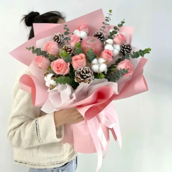 Buquê de 11 Rosas Cor-de-Rosa e Maçã - Brilho do Entardecer