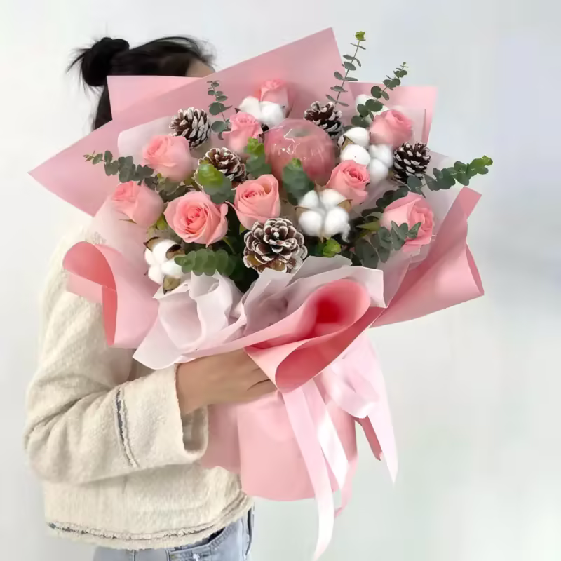11 Pink Rose & Apple Bouquet - Evening Glow | Romantic Gift