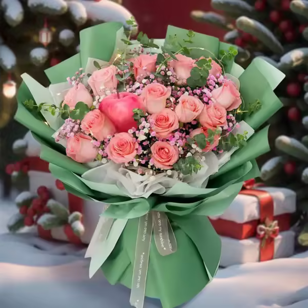 Bouquet "Serena Delizia": 19 Rose Rosa e Mela