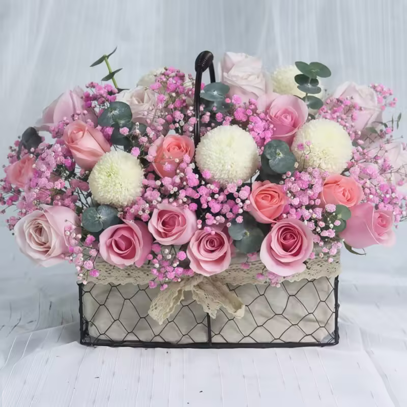 21 Pink Roses & Ping Pong Daisies Basket | Heartfelt Floral Gift
