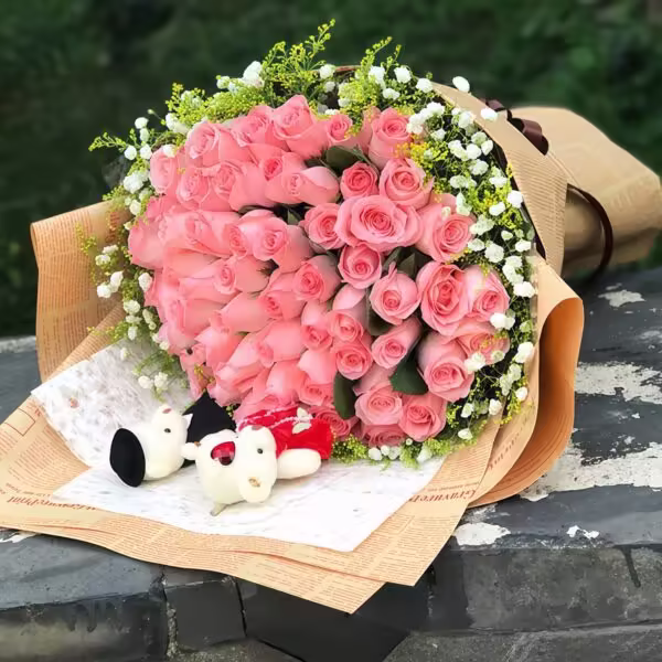 52 Diana Pink Roses Bouquet with 2 Dolls | Romantic Gift for Her
