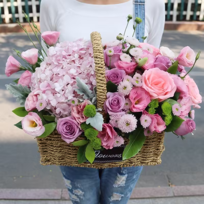 Romantic Melody: Hydrangea, Rose & Eustoma Floral Basket