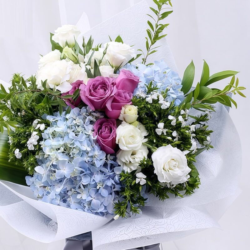 Purple Roses & Blue Hydrangea Bouquet - Dreamy Elegant Floral Gift - 2