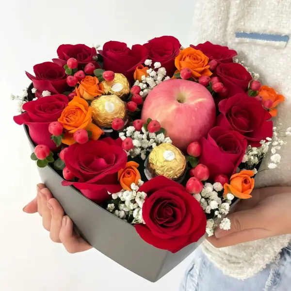 11 Rose Heart-Shaped Gift Box with Chocolates & Fresh Apples