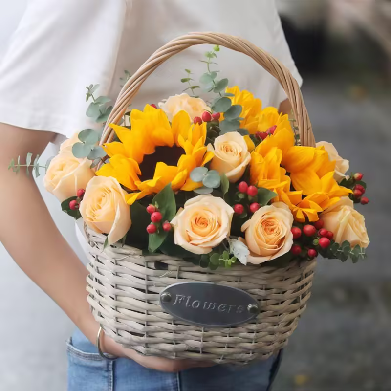 2 Sunflowers & 19 Champagne Roses Flower Basket | Warm Blessings