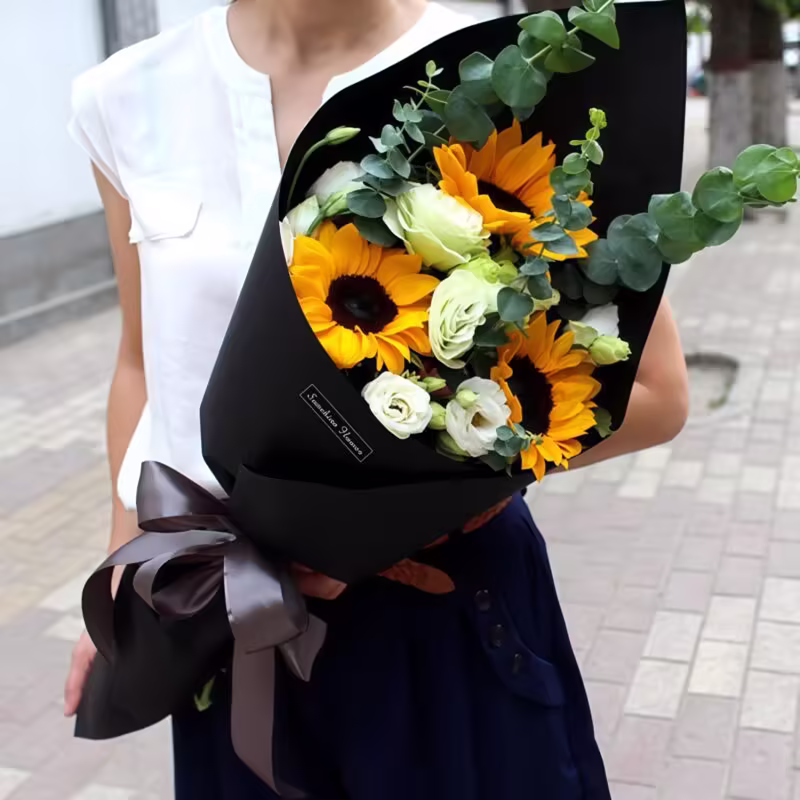 3 Sunflowers and Green Eustoma Bouquet - Morning Radiance