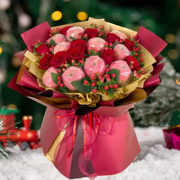 Bouquet de 10 Roses Rouges et Pommes - Harmonie Écarlate