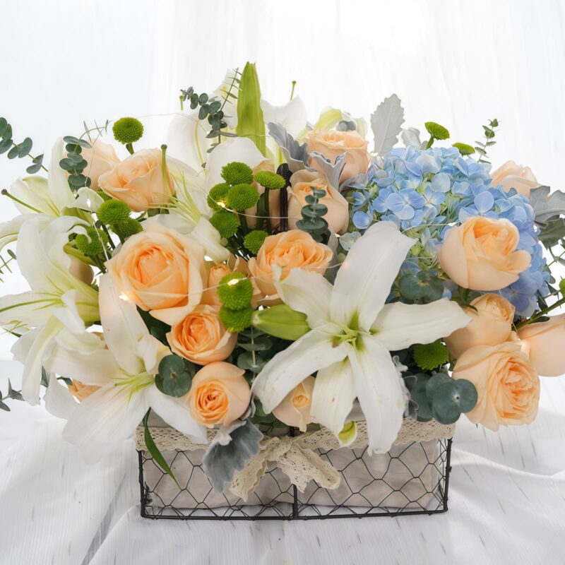 Champagne Rose Basket - Golden Splendor Floral Arrangement