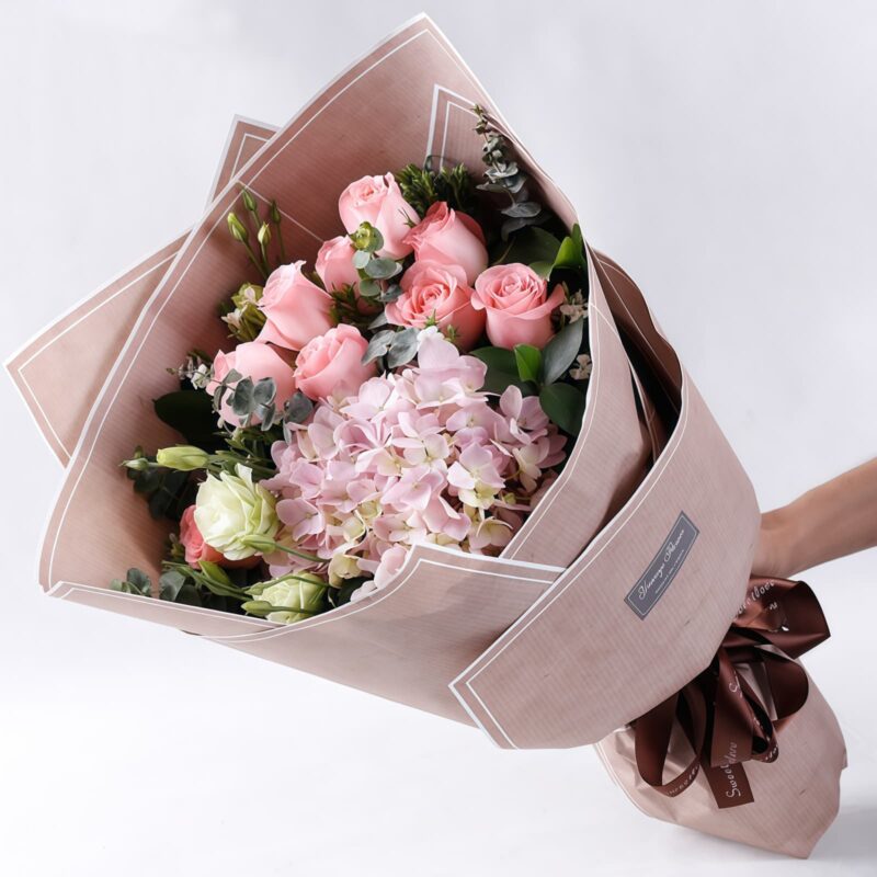 Blushing Romance: 11 Pink Roses & Hydrangea Bouquet - 4