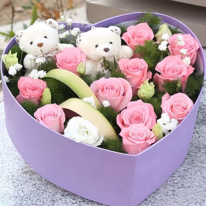 11 Pink Roses Bouquet with Teddy Bears | Playful Delight Gift Set