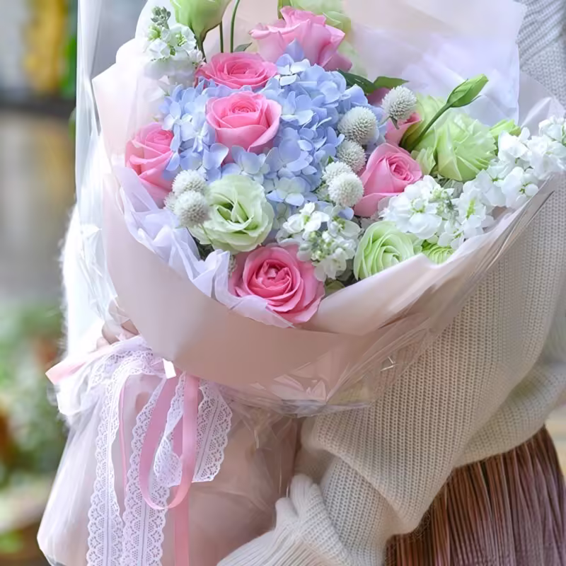 Sweet Reunion: 11 Pink Roses and Hydrangea Bouquet