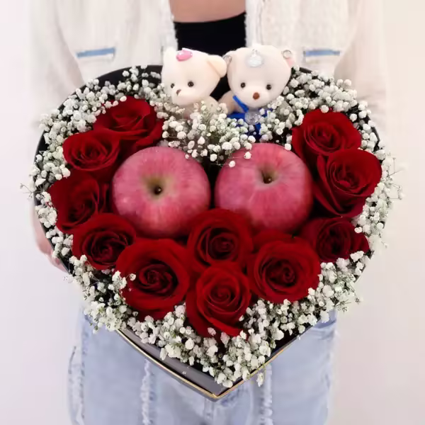 11 Rose Rosse e Mele in Scatola a Cuore - Bagliore Invernale
