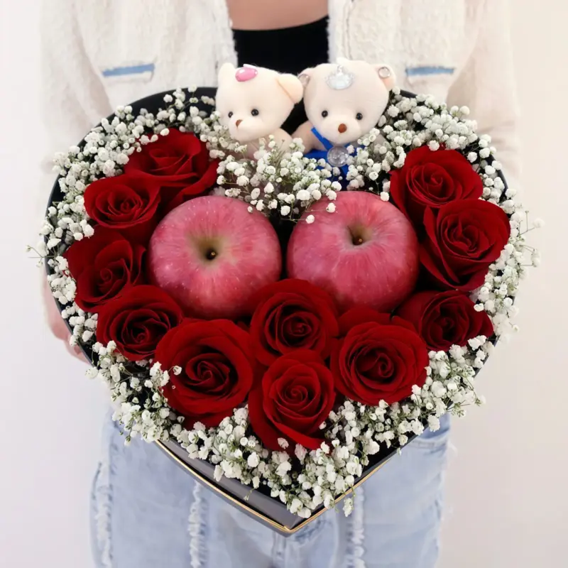 11 Red Rose & Apple Heart Gift Box | Winter Glow Floral Arrangement