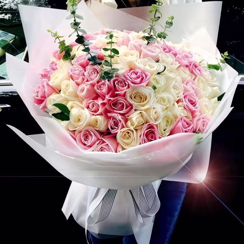 99 Pink and White Roses Bouquet - Unending Love Floral Gift