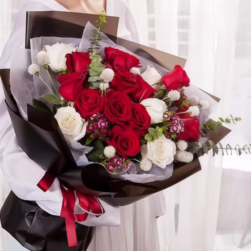 16 Red and White Roses Bouquet - Pure Devotion Floral Arrangement