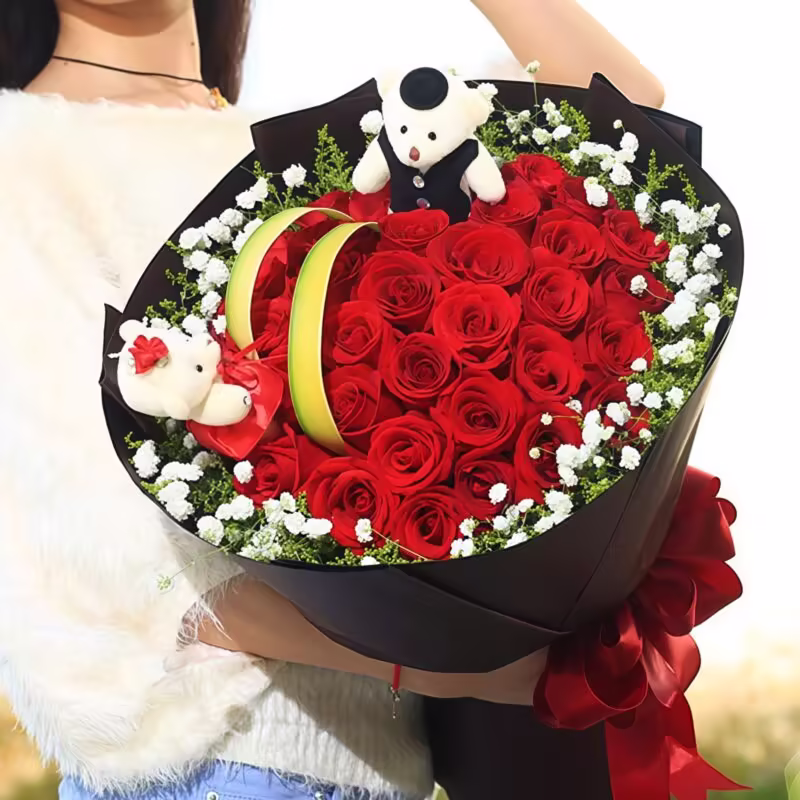 33 Red Roses Bouquet with 2 Bears - Eternal Devotion Gift Set