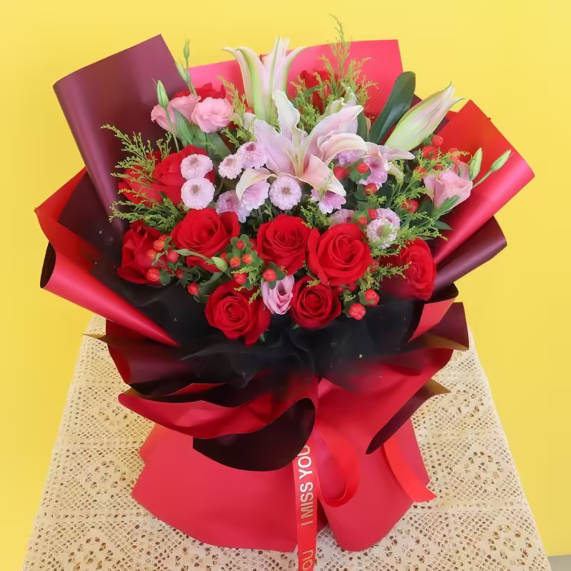 11 Red Roses and 2 Lilies Bouquet - Peaceful Grace | Elegant Floral Gift