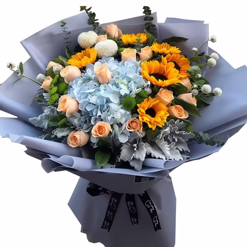 6 Sunflowers & 15 Champagne Roses Bouquet | Sunny Radiance - 1