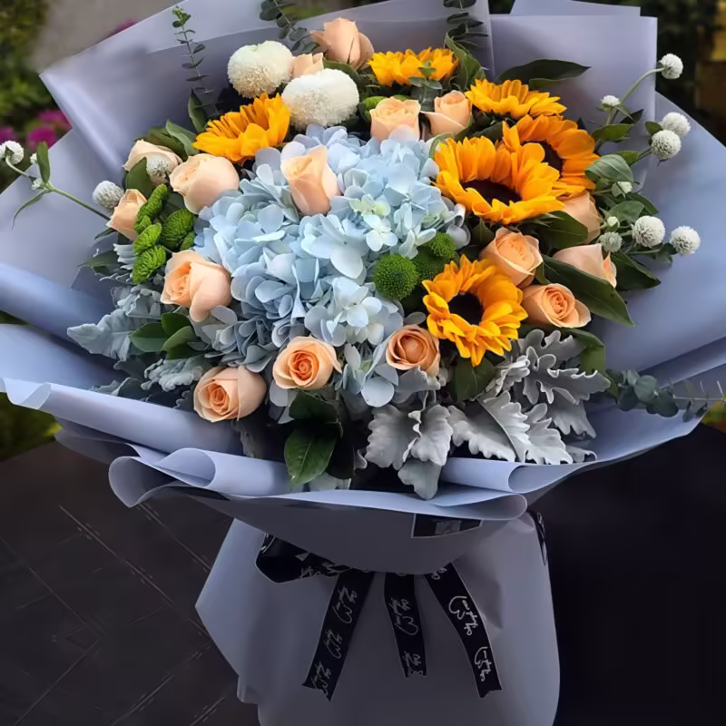 6 Sunflowers & 15 Champagne Roses Bouquet | Sunny Radiance - 2