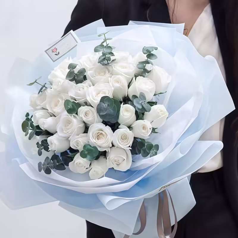 33 White Roses Bouquet - Pure Elegance with Eucalyptus - 1