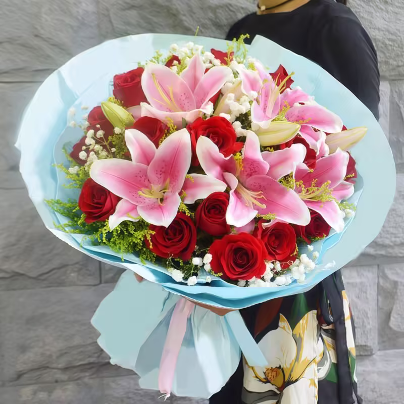 16 Red Roses and 3 Lilies Bouquet - Elegant Romantic Floral Gift