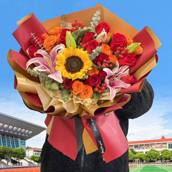 11朵紅玫瑰、粉色小百合與向日葵花束｜編織純粹的喜悅