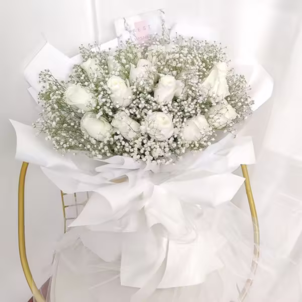 16 White Roses Bouquet - Pure Devotion 16 White Roses Bouquet - Elegant White Roses & Baby's Breath