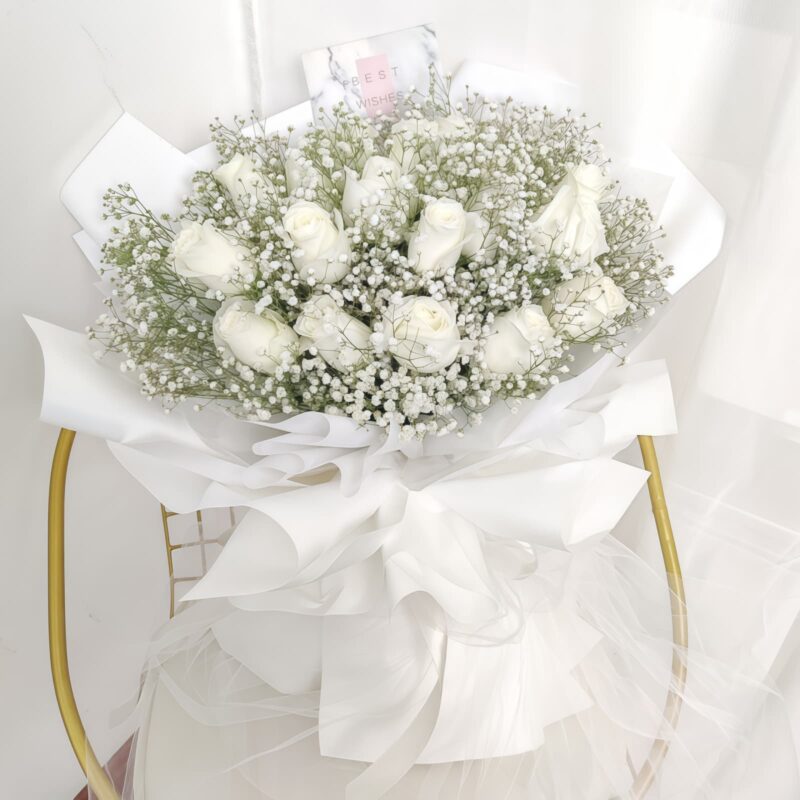 16 White Roses Bouquet - Elegant White Roses & Baby's Breath