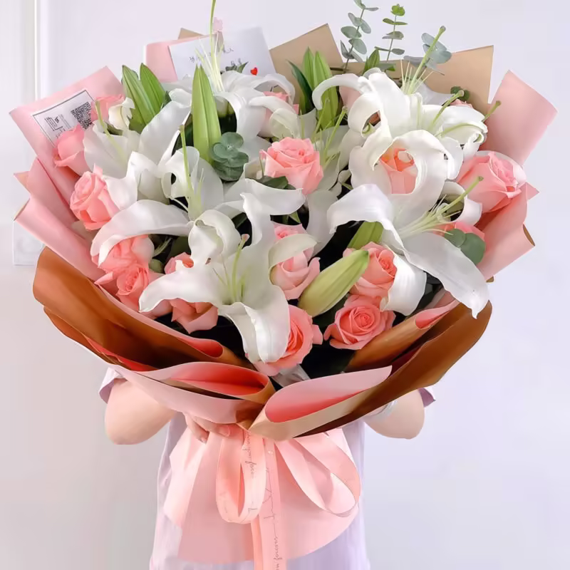 19 Pink Roses & 11 Lilies Bouquet - Soft Romance Floral Arrangement