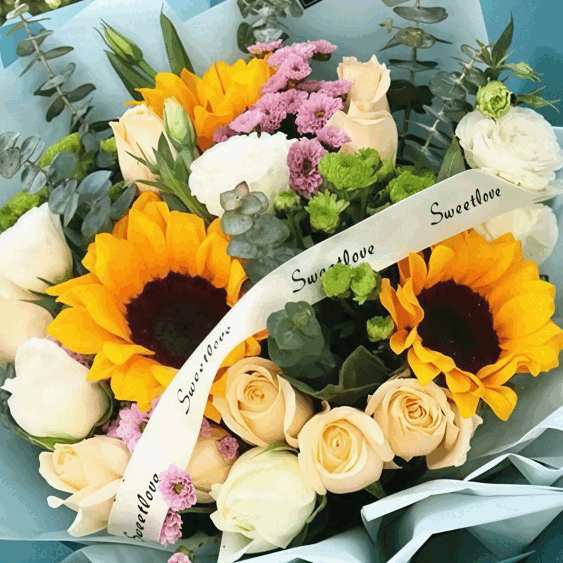 Golden Sunshine Bouquet: Sunflowers & Champagne Roses - 2