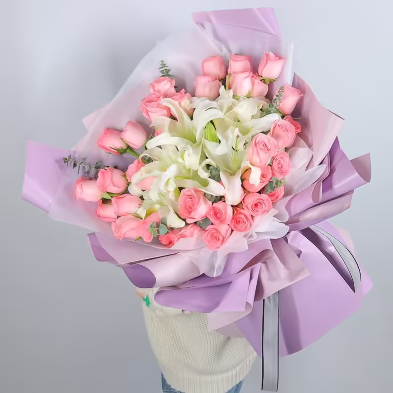 33 Pink Roses & 8 Lilies Bouquet | Eternal Devotion Floral Arrangement