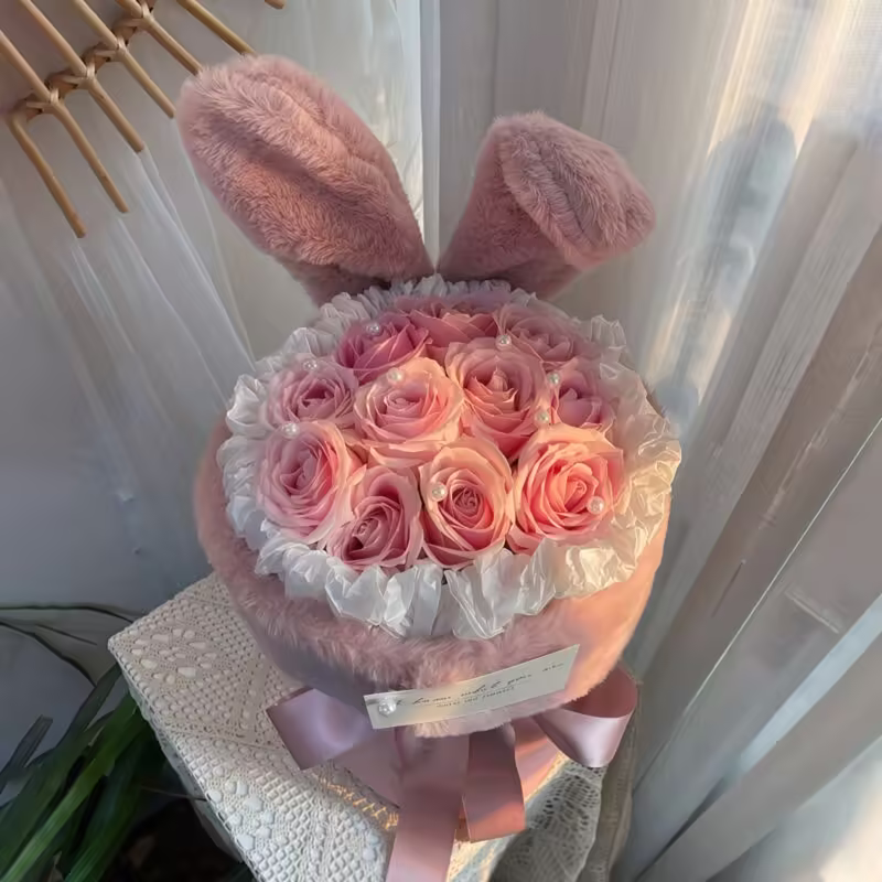 11 Pink Roses Rabbit Ears Bouquet | Whimsical Floral Gift