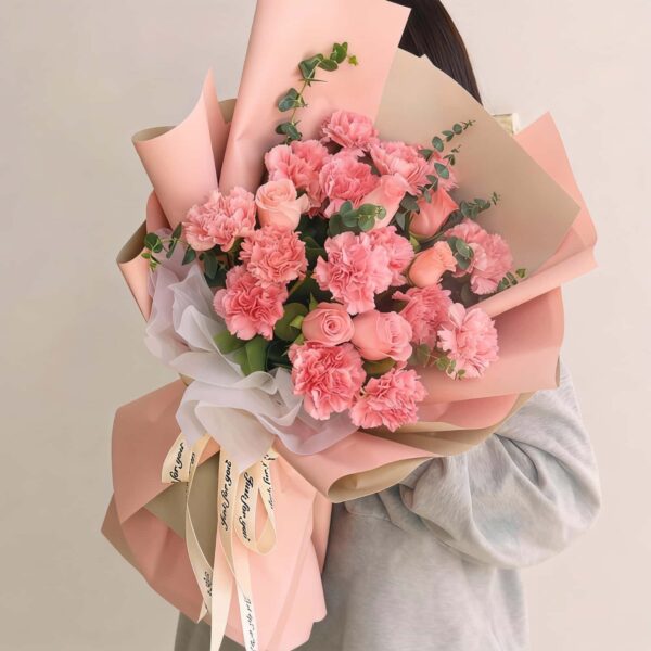 Bouquet 19 Garofani e Rose Rosa - Amore Eterno