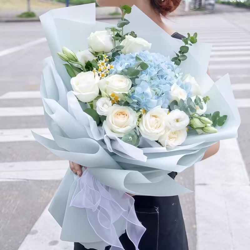 White Rose and Hydrangea Bouquet - Elegant Serene Love Arrangement
